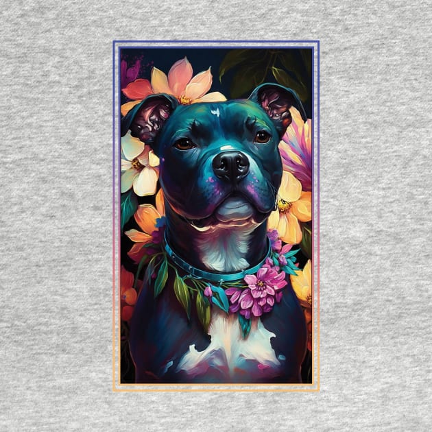 American Staffordshire Terrier Pitbull Vibrant Tropical Flower Tall Digital Oil Painting Portrait  3 by ArtHouseFlunky